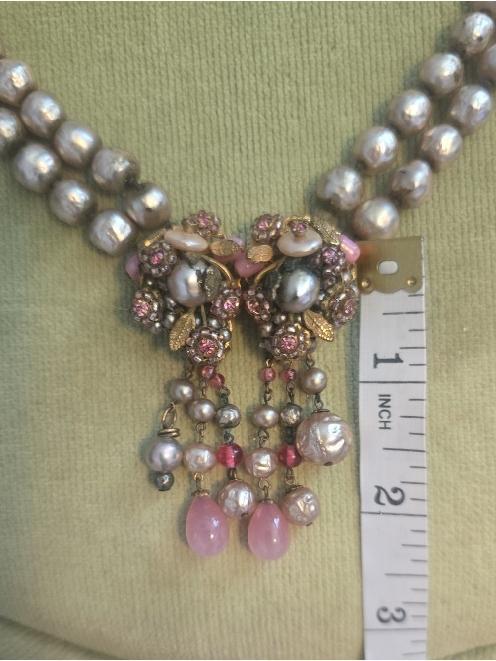 Vintage Two Strand Pearl Rhinestone Beaded Choker Necklace - Picture 9 of 12